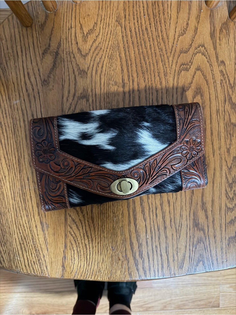 Hand Crafted Black and White Cowhide Western Tooled Leather Clutch